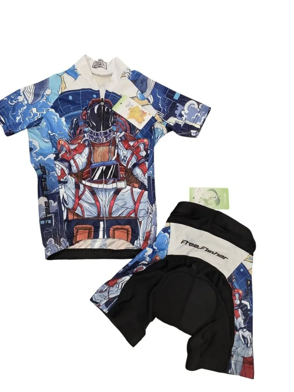 NWT Free Fisher Cycling Jersey & Shorts Set Astronaut Theme kids L bikeing